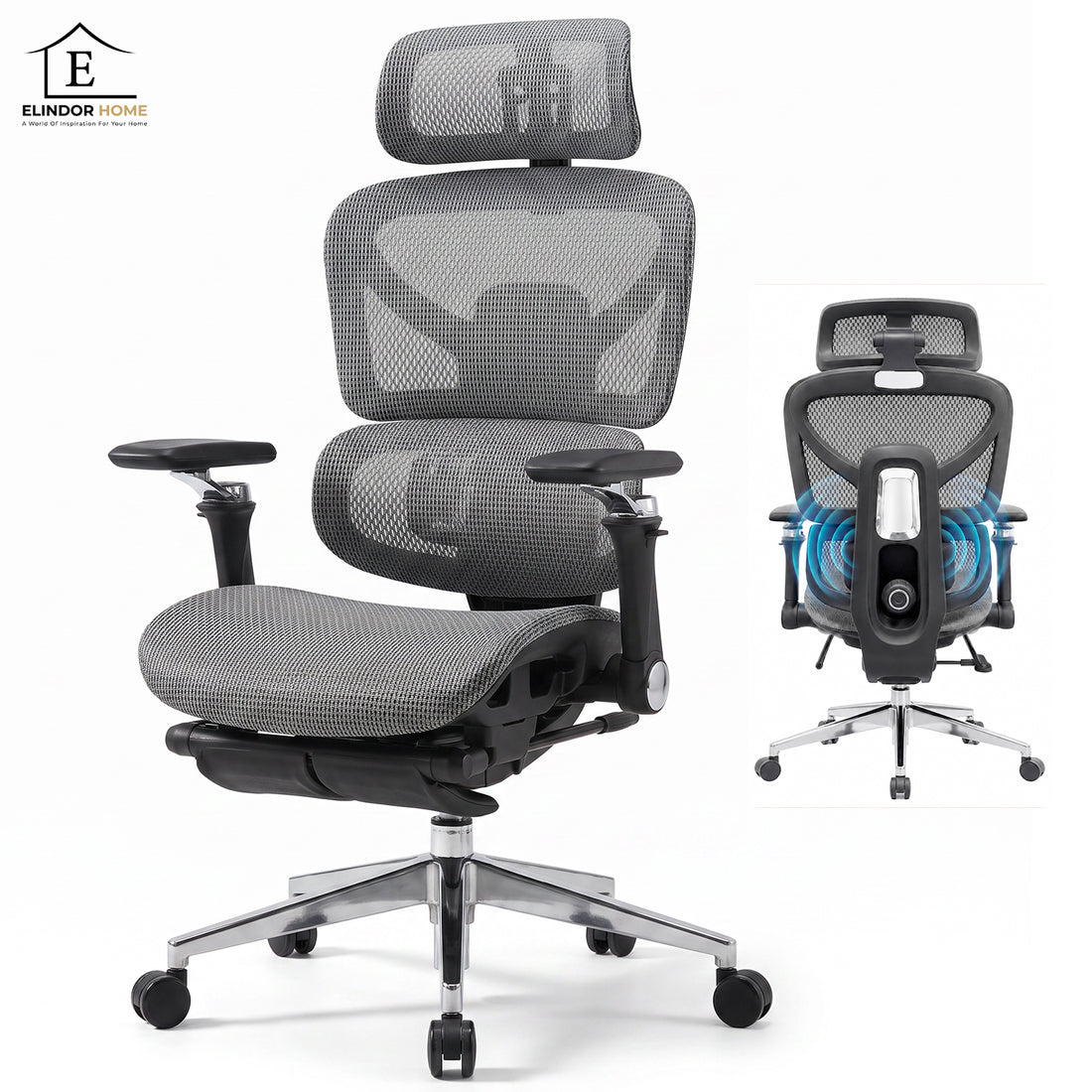 Scaun de Birou Elindor® Ergonomic, cu Functie de Masaj, Scaun cu Spatar si Manere, din Plasa, Suport pentru Picioare si Lombar, cu Roti, Inaltime Reglabila 115 - 125 cm, Negru