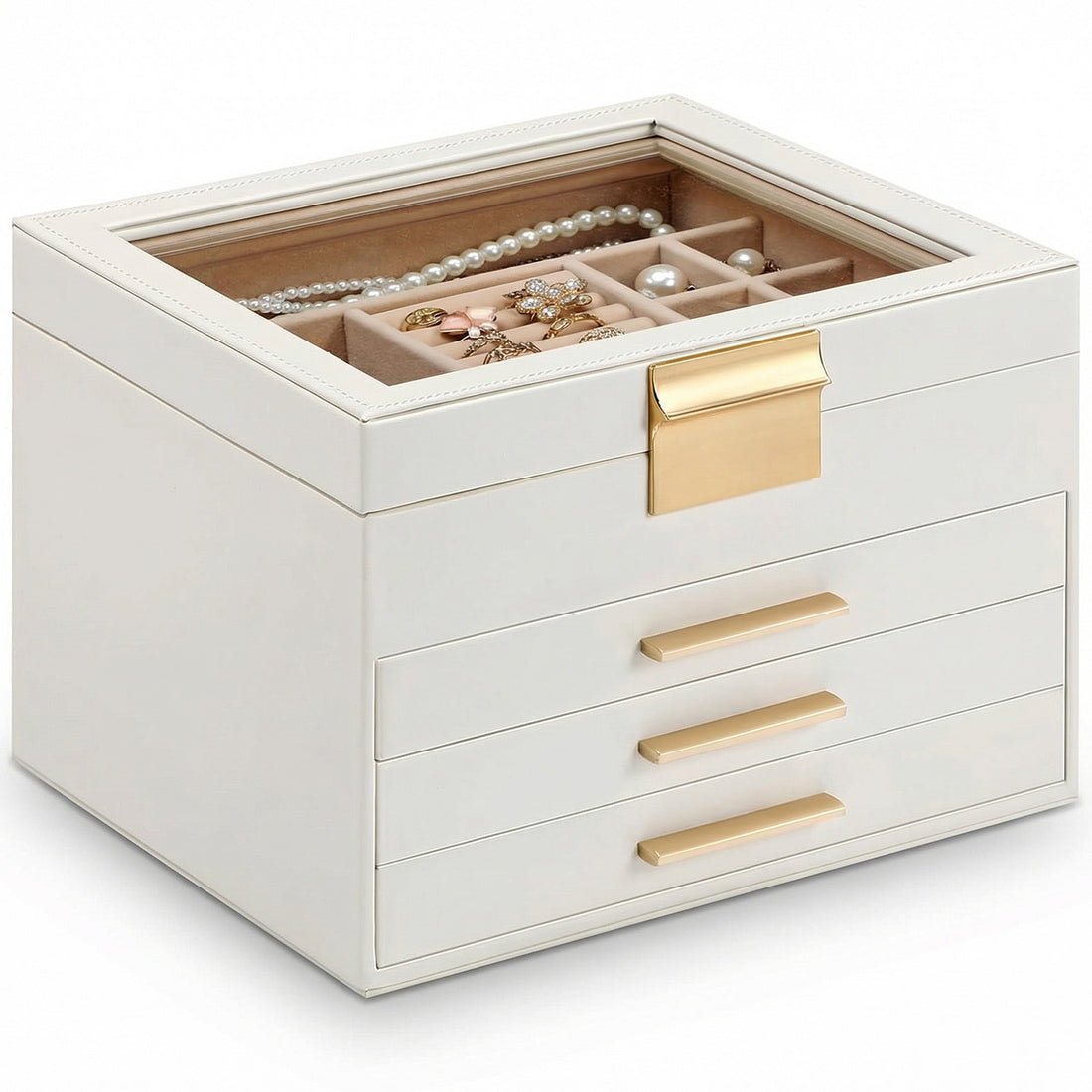 Cutie de Bijuterii Elindor® cu Capac, Organizator 4 Niveluri, 3x Sertar, Spatiu de Depozitare Inel, Verighete, Lantisoare, Bratari, Cercei, Caseta din Material Catifelat, Design Rafinat, Simplu si Elegant, Piele Ecologica, Bej