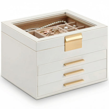 Cutie de Bijuterii Elindor® cu Capac, Organizator 4 Niveluri, 3x Sertar, Spatiu de Depozitare Inel, Verighete, Lantisoare, Bratari, Cercei, Caseta din Material Catifelat, Design Rafinat, Simplu si Elegant, Piele Ecologica, Bej