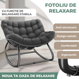 Fotoliu Balansoar Elindor® cu Spatar, Ergonomic, Cadru Solid din Otel, Suporta 120 kg, Ideal pentru Living, Dormitor, Exterior, Terasa, Negru