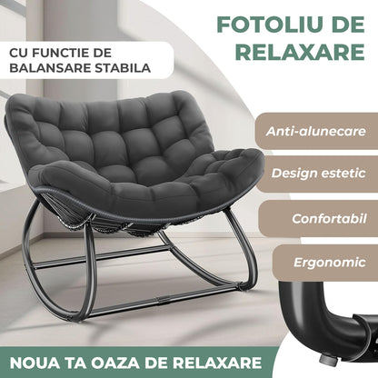 Fotoliu Balansoar Elindor® cu Spatar, Ergonomic, Cadru Solid din Otel, Suporta 120 kg, Ideal pentru Living, Dormitor, Exterior, Terasa, Negru