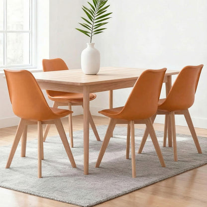 Set 4 Scaune Bucatarie Elindor® din Piele Ecologica, Picioare din Lemn, Scaun Confortabil, Perna Sezut, Elegant, pentru Bucatarie, Dormitor, Living, 50 x 45 x 81 cm, Portocaliu