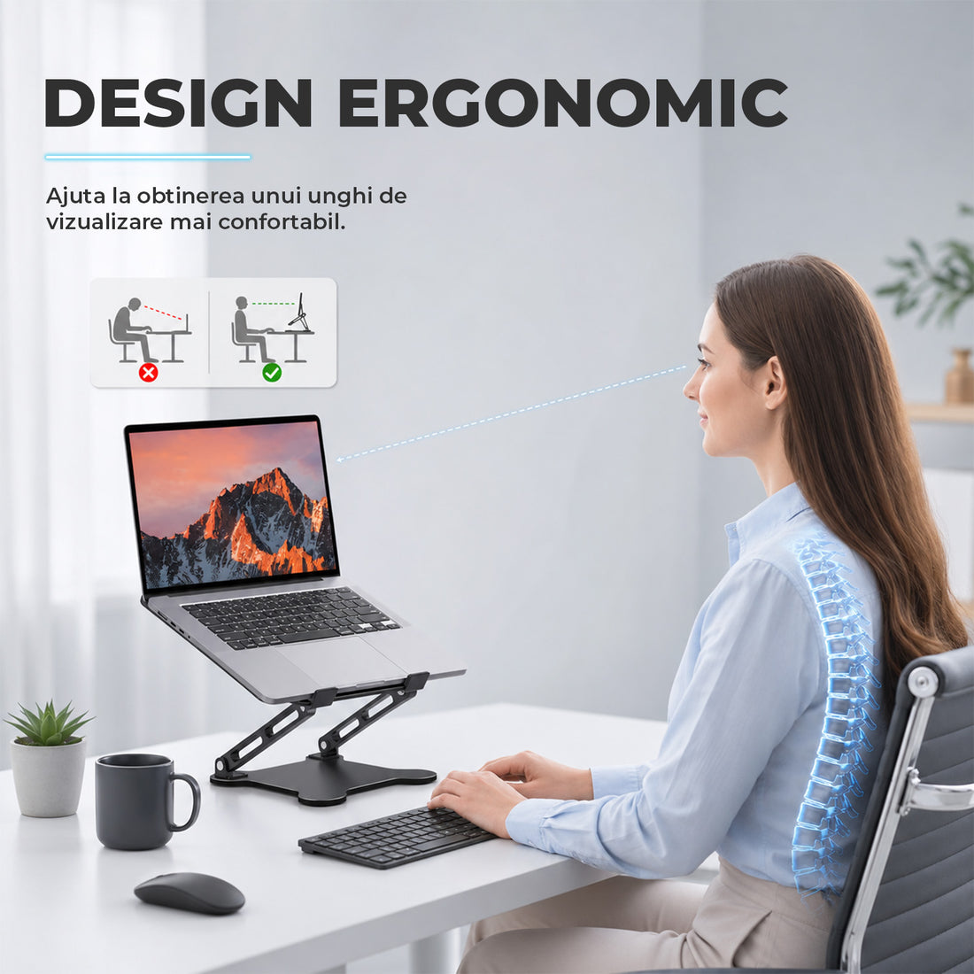 Suport Ergonomic Elindor® pentru Laptop si Tableta, Masa Portabila, Stand cu Baza Reglabila pe Inaltime, Universal, Baza Antiderapanta, Compatibil cu Laptopuri de 10-15.6 Inch, Ideal pentru Birou, Acasa, Calatorii, Negru