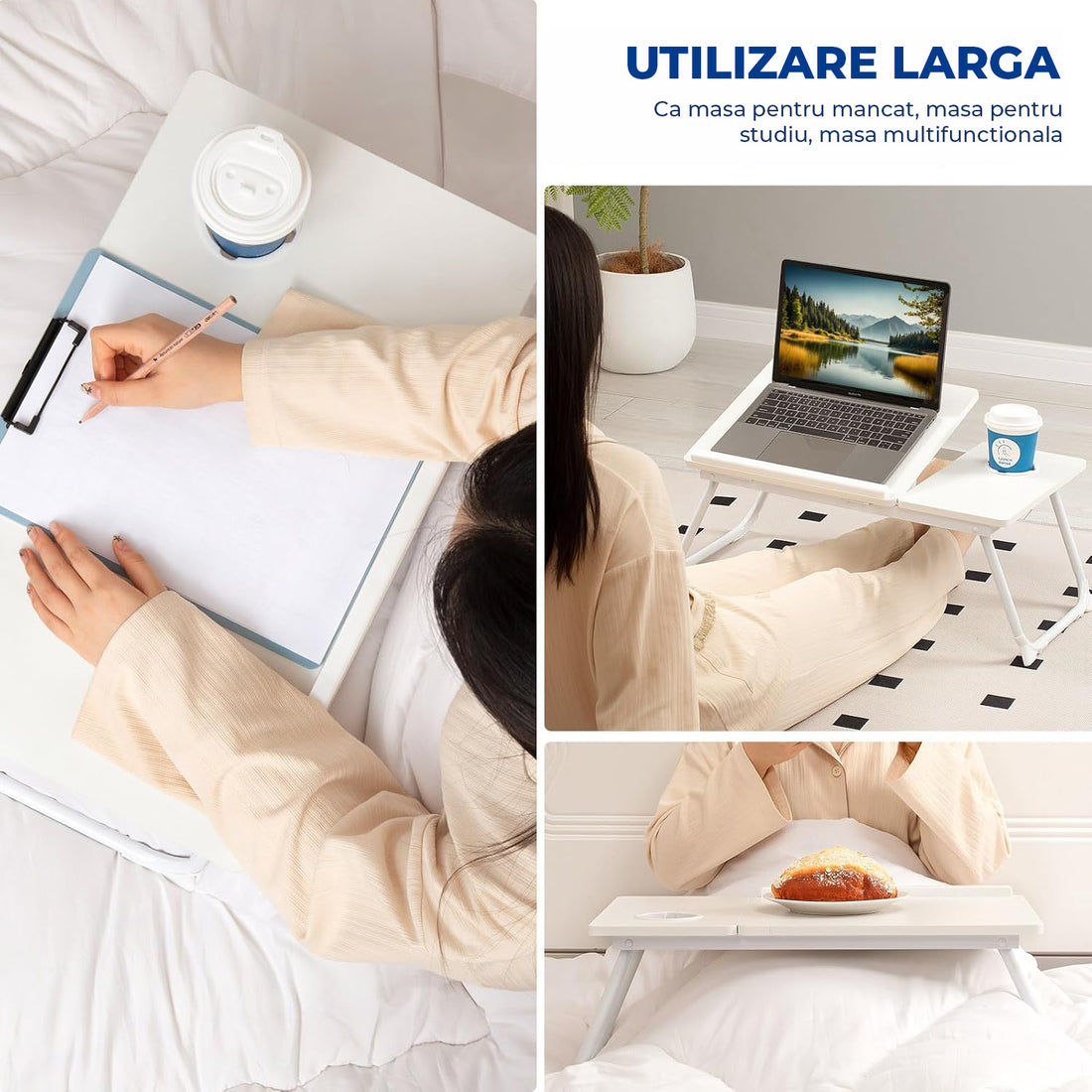 Masa Pliabila pentru Laptop Elindor® Suport Inaltime Reglabila 5 Trepte, Unghi Ajustabil, Antiderapanta, Usor de Depozitat, Birou Portabil cu Suport pentru Pahar si Mouse, Utilizare in Orice Loc, Ideala la Munca sau Mic Dejun la Pat, Alb