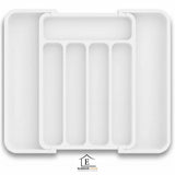 Organizator Elindor® pentru Tacamuri si Ustensile de Bucatarie, 5-7 Compartimente, Sertar Extensibil, Suport Ajustabil pentru Cutite, Linguri, Furculite, Accesorii Bucatarie, Separator Sertar, 32 × 22 × 4 cm, Alb