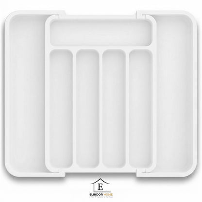 Organizator Elindor® pentru Tacamuri si Ustensile de Bucatarie, 5-7 Compartimente, Sertar Extensibil, Suport Ajustabil pentru Cutite, Linguri, Furculite, Accesorii Bucatarie, Separator Sertar, 32 × 22 × 4 cm, Alb