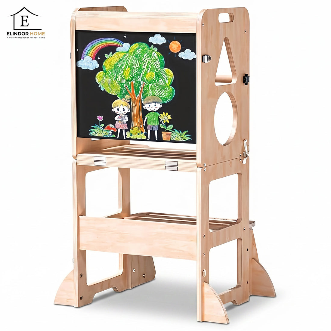 Turn de Invatare Elindor®, Design 3 in 1 Multifunctional pentru Copii, Scaun Montessori Pliabil cu Tabla de Scris, Bare pentru Protectie, Lemn Pin, Antialunecare, pentru Interior, 88 x 32 x 43 cm, Bej / Natur