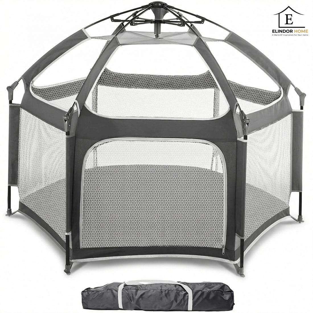 Tarc de Joaca pentru Bebelusi si Copii Elindor® Tip Cort, Spatiul Sigur de Joaca, Plasa de Protectie UV, Include Usa cu Fermoar, Materiale Eco-Friendly și Non-Toxice, Varsta 1-3 ani, 150 x 122 cm, Gri