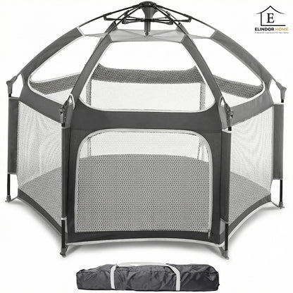 Tarc de Joaca pentru Bebelusi si Copii Elindor® Tip Cort, Spatiul Sigur de Joaca, Plasa de Protectie UV, Include Usa cu Fermoar, Materiale Eco-Friendly și Non-Toxice, Varsta 1-3 ani, 150 x 122 cm, Gri