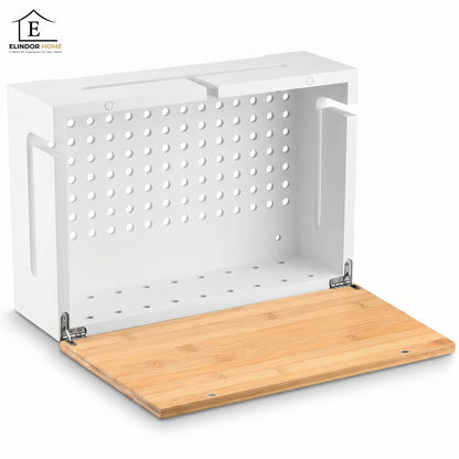 Cutie Organizare Cabluri Elindor®, din Bambus cu Capac Magnetic, Organizator pentru Accesorii Living, Birou, Dormitor, Bucatarie, Camara, Utilizare in Interior, Compatibila cu Prelungitoare si Adaptoare Multiple, 32 × 22 × 11 cm, Alb