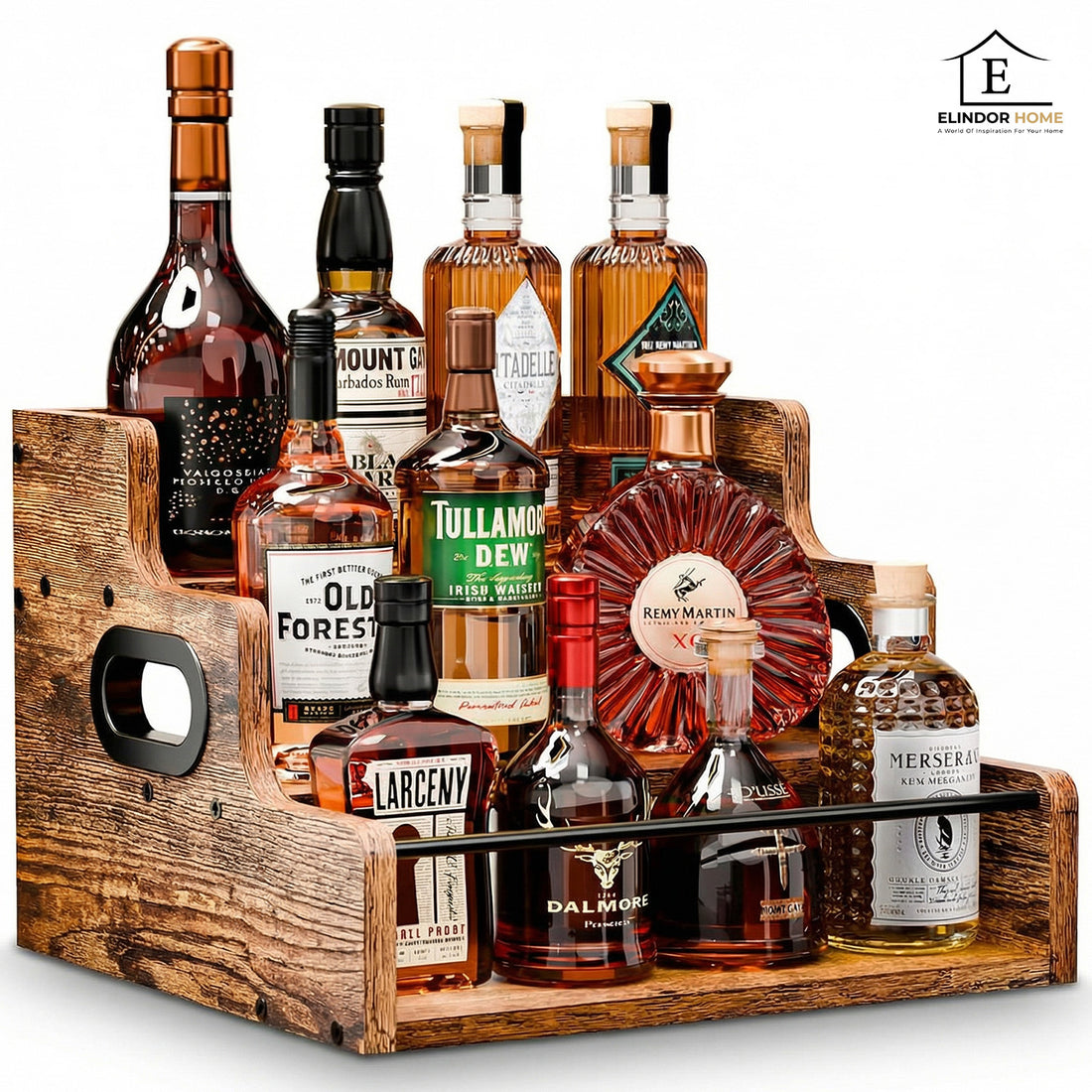 Raft Expunere Sticle Elindor®, Suport Bauturi 3 Niveluri pentru Bar sau Bucatarie, din Lemn, Design Vintage, pentru Vin, Whiskey, Rom, 40 × 30 × 23.8 cm, Maro