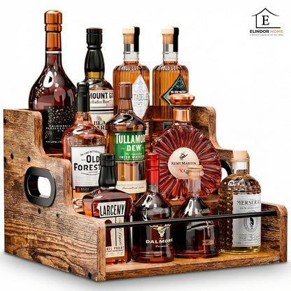 Raft Expunere Sticle Elindor®, Suport Bauturi 3 Niveluri pentru Bar sau Bucatarie, din Lemn, Design Vintage, pentru Vin, Whiskey, Rom, 40 × 30 × 23.8 cm, Maro