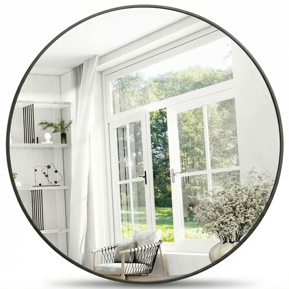 Oglinda Rotunda Neagra Elindor® Decorativa, Moderna si Eleganta, Reflexie HD, Sticla fara Distorsiuni, Ideala pentru Dormitor, Living, Birou, Dressing, Hol, Rama Metalica, Diametru 105 cm