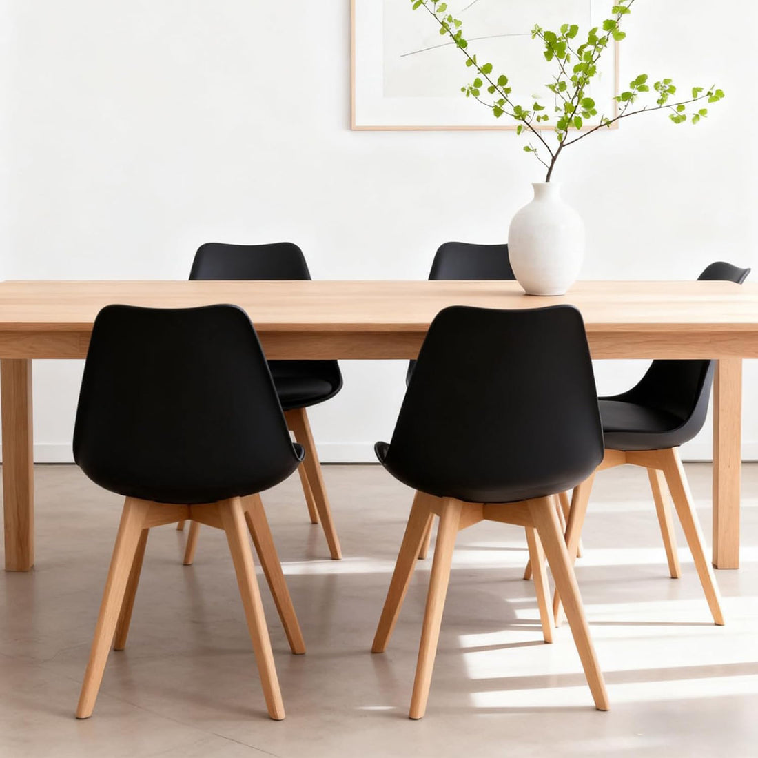 Set 4 Scaune Bucatarie Negre Elindor® din Piele Ecologica, Picioare din Lemn, Scaun Confortabil, Perna Sezut, Elegant, pentru Bucatarie, Dormitor, Living, 50 x 45 x 81 cm