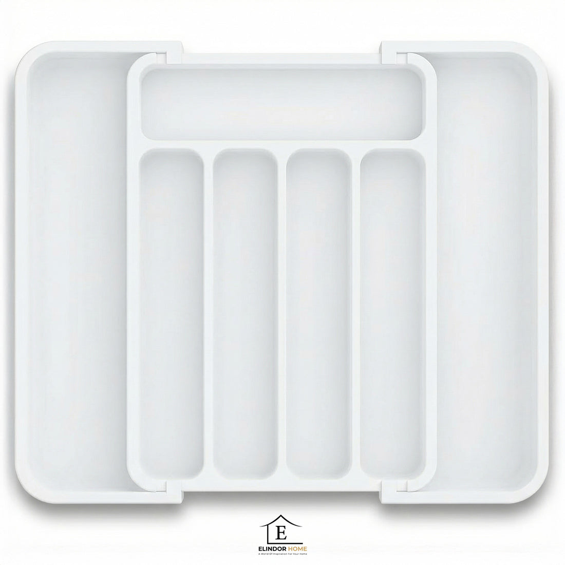 Organizator Extensibil Elindor® pentru Tacamuri si Ustensile de Bucatarie, 7 Compartimente, Sertar Extensibil 31 × 21.5 × 4 cm, Suport Ajustabil pentru Cutite, Linguri, Furculite, Alb