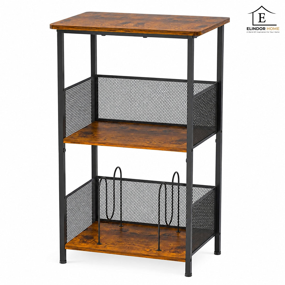 Raft Elindor® pe 3 Niveluri, pentru Depozitare Viniluri, Organizare Birou, Bar, Dulap Cadru Metalic, Organizator ca Etajera in Camara sau Birou, Perfect pentru Carti, Proiector, Pick-up, Stabil si Compact, Polita pentru Obiecte, 48 x 35 x 73 cm, Maro