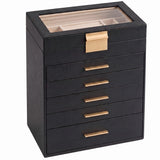 Cutie de Bijuterii Elindor® Organizator pe 6 Niveluri, Sertar x5, Spatiu de Depozitare pentru Inel, Verighete, Lantisoare, Bratari, Cercei, Caseta din Material Catifelat, Design Rafinat, Simplu si Elegant, Piele Ecologica Neagra, 15 x 25 x 28.5 cm