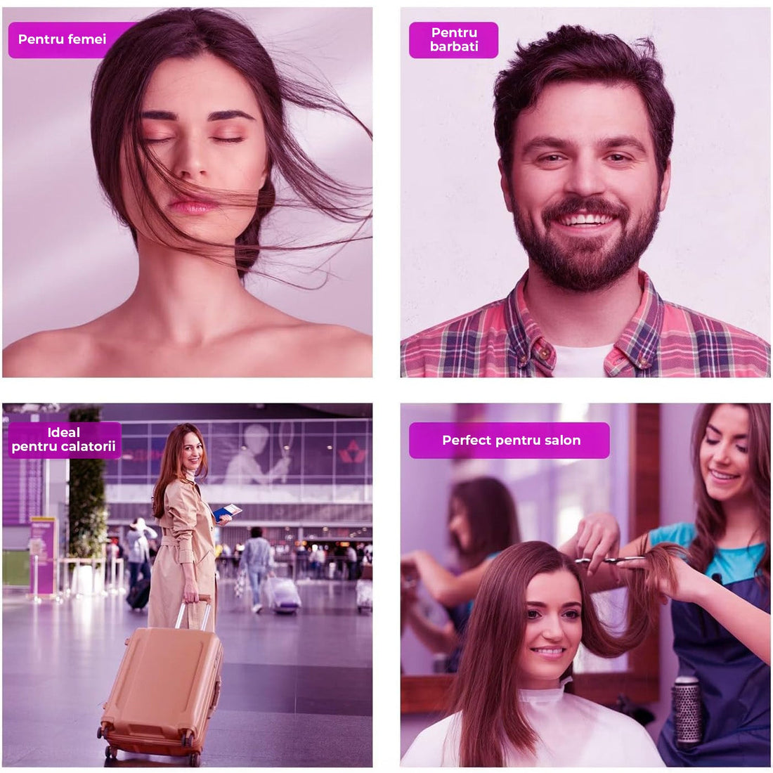 Uscator de Par Elindor®, 1800W, Tehnologie cu Ioni Negativi, 3 Trepte de Temperatura si Viteza, Jet de Aer Rece, 3 Duze pentru Coafare, Design Compact si Pliabil, Negru/Mov