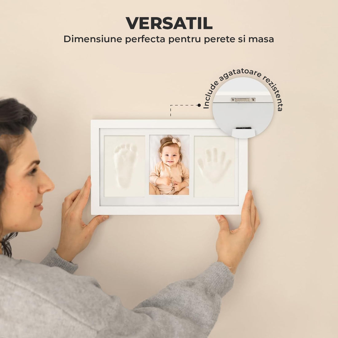 Kit Amprenta Bebe cu Lut Non-Toxic si Rama Foto Elindor® Personalizabil, pentru Maini si Picioare, Cadou Ideal pentru Botez, Zi de Nastere si Baby Shower, Set Complet cu Etichete, Pigment si Cutie de Cadou, Design Elegant, Alb