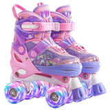 Role Reglabile Elindor® pentru Copii, Fete si Baieti, 4 Roti cu Lumini Quad, Ajutatoare, Rotile din Silicon, Rulmenti ABEC-7, Aluminiu / Poliuretan, Marimea L, 37-39, Model Unicorn, Mov