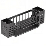 Scurgere Tacamuri cu Scurgere Automata Elindor®, Suport pentru Chiuveta, Bureti, Perii, Lavete, Detergent, Sticle, Cutii Inox, Cu Suport Prosop, Montaj Pe Blat Sau Perete, Metal Durabil 30,5×9×11 cm, Negru