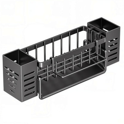 Scurgere Tacamuri cu Scurgere Automata Elindor®, Suport pentru Chiuveta, Bureti, Perii, Lavete, Detergent, Sticle, Cutii Inox, Cu Suport Prosop, Montaj Pe Blat Sau Perete, Metal Durabil 30,5×9×11 cm, Negru