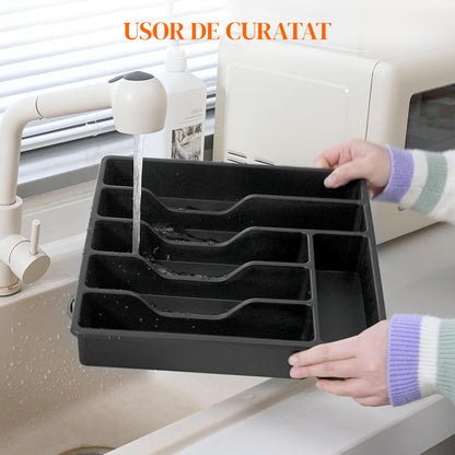 Organizator pentru Tacamuri Negru Elindor® Ustensile de Bucatarie, 6 Compartimente Depozitare, Suport pentru Cutite, Linguri, Furculite, Accesorii Bucatarie, Separator Sertar, 33x30x5.3 cm, PP fara BPA