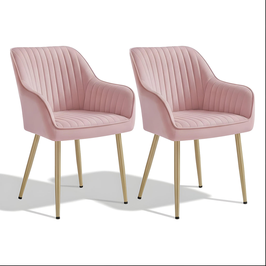 Set 2 Scaune Elindor® Ergonomice, Design Contemporan, Scaun cu Spatar si cu Manere, din Catifea cu Picioare Metalice Aurii, Potrivite pentru Living, Bucatarie, Birou, Dormitor, Latime Sezut 49 cm, 55.5 x 43 x 83 cm, Roz