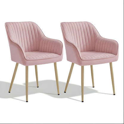 Set 2 Scaune Elindor® Ergonomice, Design Contemporan, Scaun cu Spatar si cu Manere, din Catifea cu Picioare Metalice Aurii, Potrivite pentru Living, Bucatarie, Birou, Dormitor, Latime Sezut 49 cm, 55.5 x 43 x 83 cm, Roz