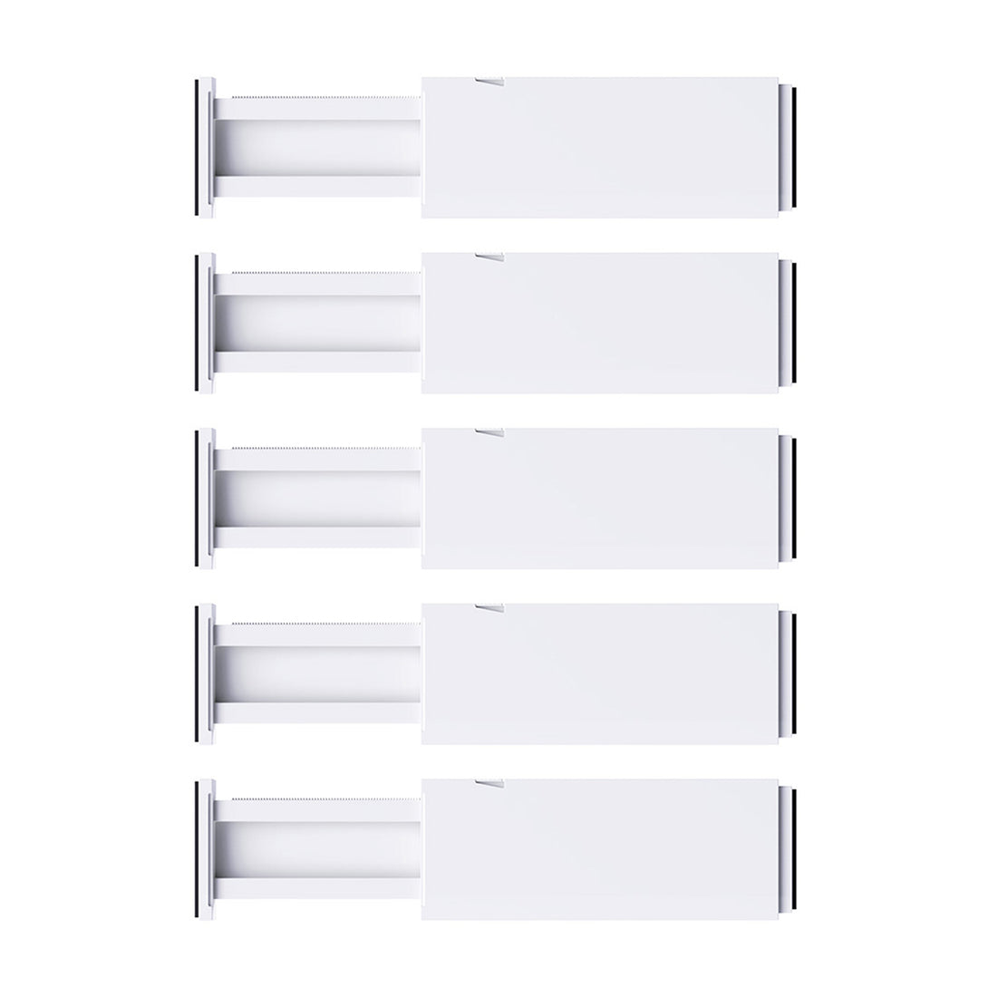 Set 5 Separatoare Extensibile Elindor® din Plastic pentru Sertar, Organizare Bucatarie, Birou, Dormitor, Baie, Organizatoare si Separatoare Sertare, Organizator Spatii Depozitare, Ajustabil si Extensibil de la 28 cm la 48 cm, Transparent