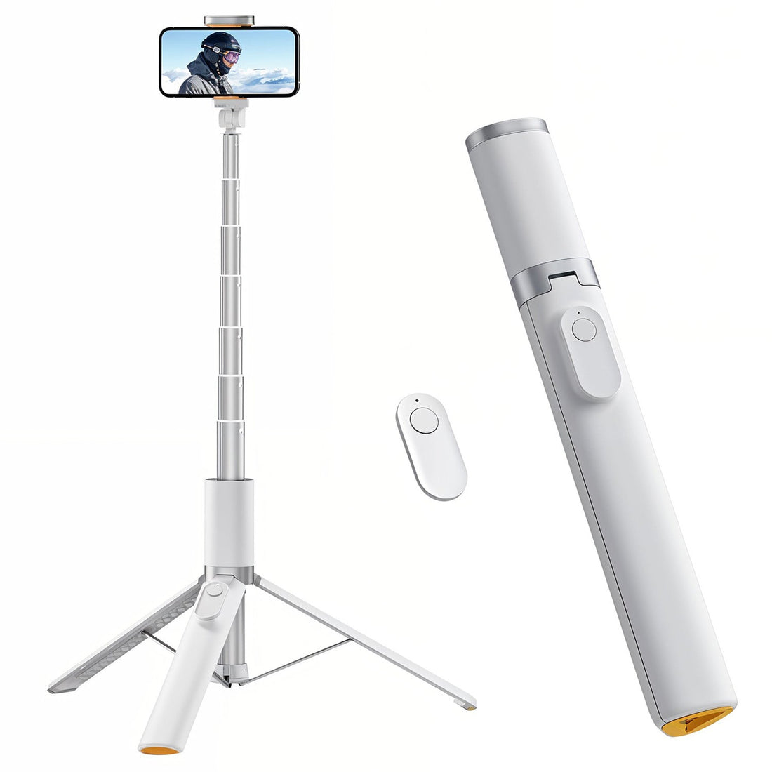Trepied Foto Telescopic Profesional Elindor® Stativ Telefon 2-in1, cu Telecomanda Bluetooth si Functie Selfie Stick, Compatibil iPhone / Android, Tripod Universal, Suport Durabil si Usor, Unghi Ajustabil 180°, 32-159 cm, pentru Foto / Video, Alb