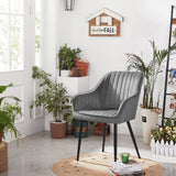 Set 2 Scaune Elindor® Ergonomice, Design Contemporan, Scaun cu Spatar si cu Manere, din Catifea cu Picioare Metalice Negre, Potrivite pentru Living, Bucatarie, Birou, Dormitor, 90x60x45 cm, Gri