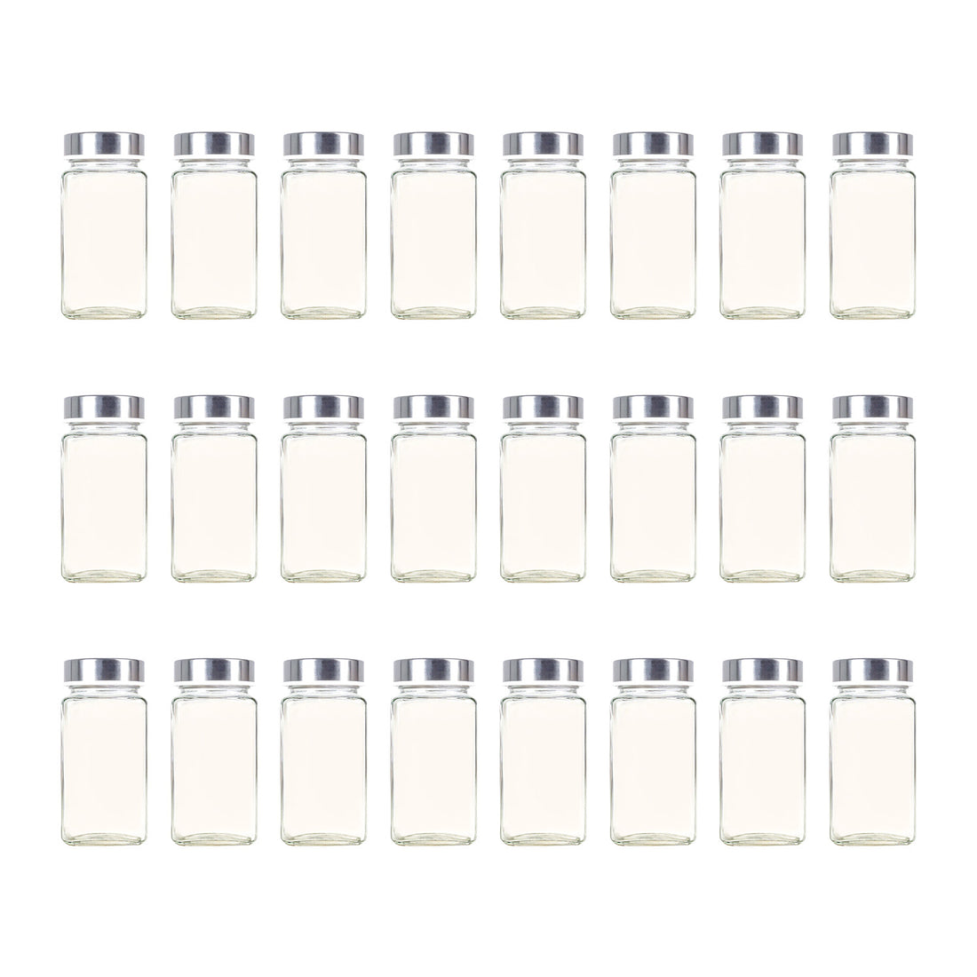 Set 24 Recipiente Condimente Elindor® din Sticla cu Capac din Inox, cu Sita, Organizator Bucatarie, Organizatoare Sertar, Borcane 120 ml, 2 Tipuri de Etichete si Palnie Metalica Accesorii Depozitare, Transparent