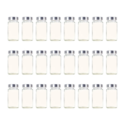 Set 24 Recipiente Condimente Elindor® din Sticla cu Capac din Inox, cu Sita, Organizator Bucatarie, Organizatoare Sertar, Borcane 120 ml, 2 Tipuri de Etichete si Palnie Metalica Accesorii Depozitare, Transparent