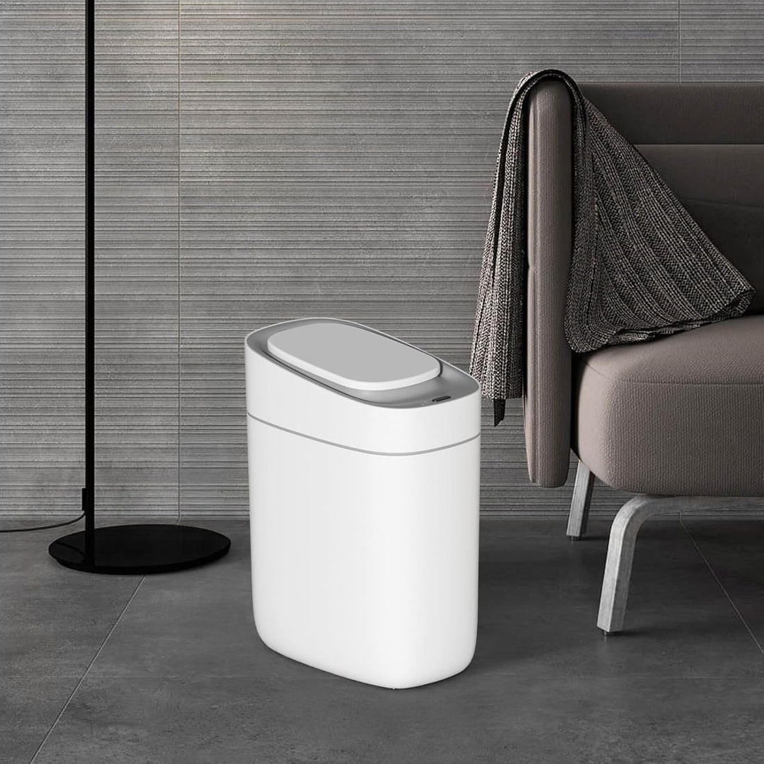 Cos de Gunoi cu Senzor Elindor® cu Capacitate 9.5l, Capac Inteligent Anti-Miros, Deschidere Silentioasa, Design Elegant, Subtire, Ideal pentru Baie, Bucatarie, Birou, Dormitor, Perfect pentru Colectare Deseuri, Rezistent la Apa IPX5 Alb