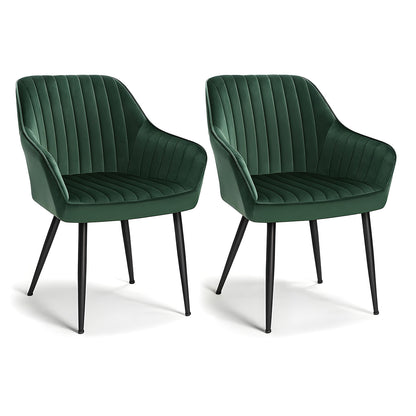 Set 2 Scaune Elindor® Ergonomice, Design Contemporan, Scaun cu Spatar si cu Manere, din Catifea cu Picioare Metalice Negre, Potrivite pentru Living, Bucatarie, Birou, Dormitor, Latime Sezut 49 cm, 55.5 x 43 x 83 cm, Verde Inchis
