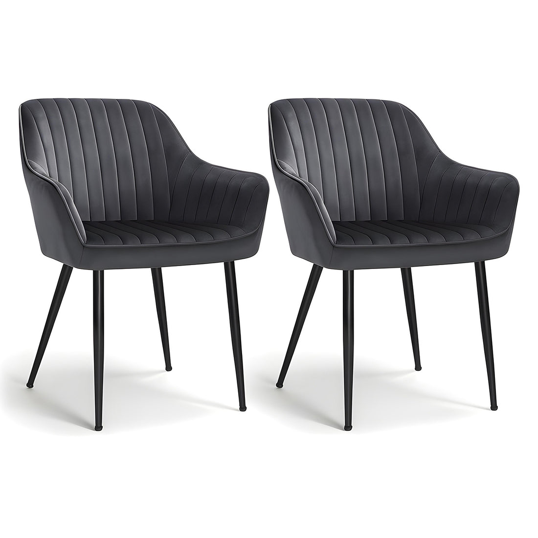 Set 2 Scaune Elindor® Ergonomice, Design Contemporan, Scaun cu Spatar si cu Manere, din Catifea cu Picioare Metalice Negre, Potrivite pentru Living, Bucatarie, Birou, Dormitor, Latime Sezut 49 cm, 55.5 x 43 x 83 cm, Gri Inchis