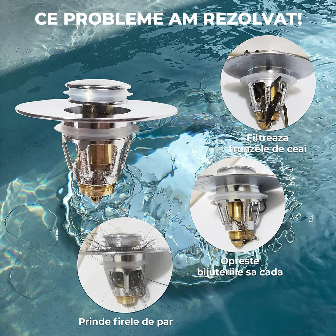 Dop Universal pentru Chiuveta Elindor, Dop de Scurgere Tip Pop-Up pentru Guri de Scurgere, Universal, cu Filtru pentru Par Anti-Infundare, Sita de Scurgere pentru Chiuveta de Baie sau Bucatarie, Argintiu