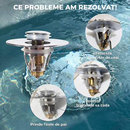 Dop Universal pentru Chiuveta Elindor, Dop de Scurgere Tip Pop-Up pentru Guri de Scurgere, Universal, cu Filtru pentru Par Anti-Infundare, Sita de Scurgere pentru Chiuveta de Baie sau Bucatarie, Argintiu