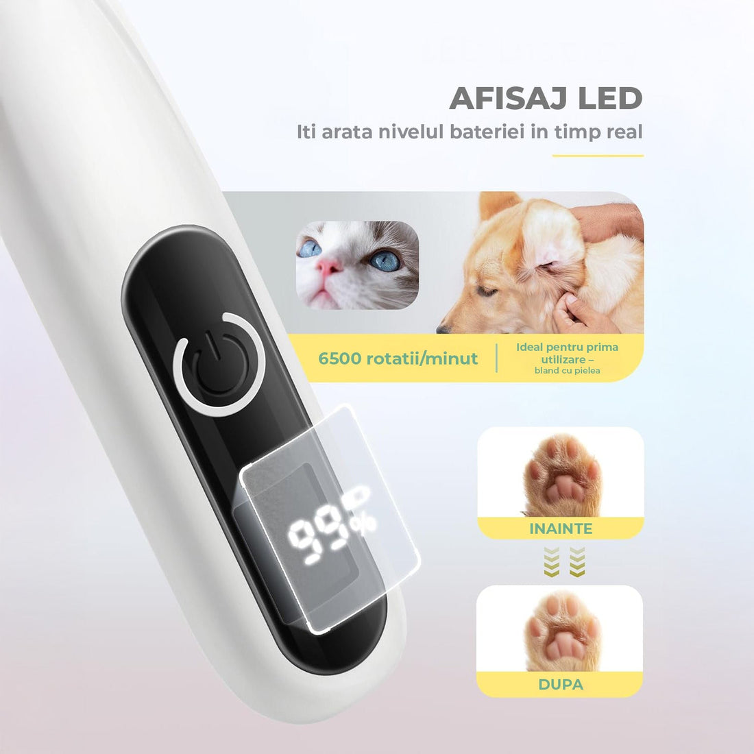 Masina de Tuns Elindor®, pentru Animale de Companie, Caini si Pisici, Lama din Otel Inoxidabil, Acumulator 1200mAh, 6500 RPM, Silentios, Aparat fara Fir cu Lumina LED, Perie Trimmer Ideala pentru Labute, Urechi, Fata si Ochi, Alb
