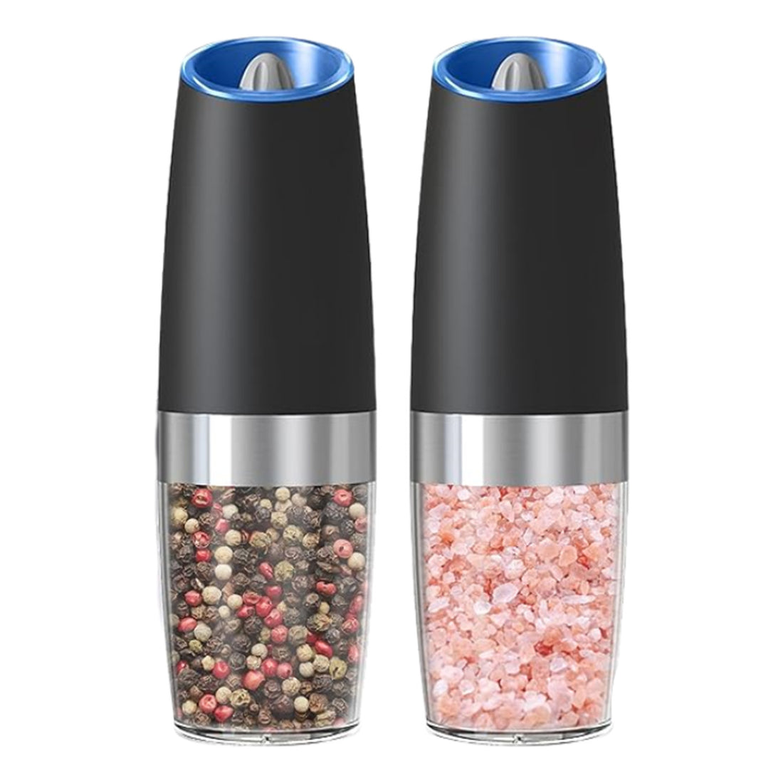 Set 2 Rasnite Electrice Elindor® Rasnita Electrica Led pentru Sare si Piper, Solnita si Pipernita din Sticla, Recipient Condimente cu Senzor Gravitational, Reglare Grosime Macinare, Operare cu o Mana, pentru Bucatarie, 135 ml, 20 x 6.3 cm, Transparent / N