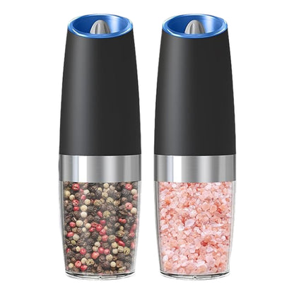 Set 2 Rasnite Electrice Elindor® Rasnita Electrica Led pentru Sare si Piper, Solnita si Pipernita din Sticla, Recipient Condimente cu Senzor Gravitational, Reglare Grosime Macinare, Operare cu o Mana, pentru Bucatarie, 135 ml, 20 x 6.3 cm, Transparent / N