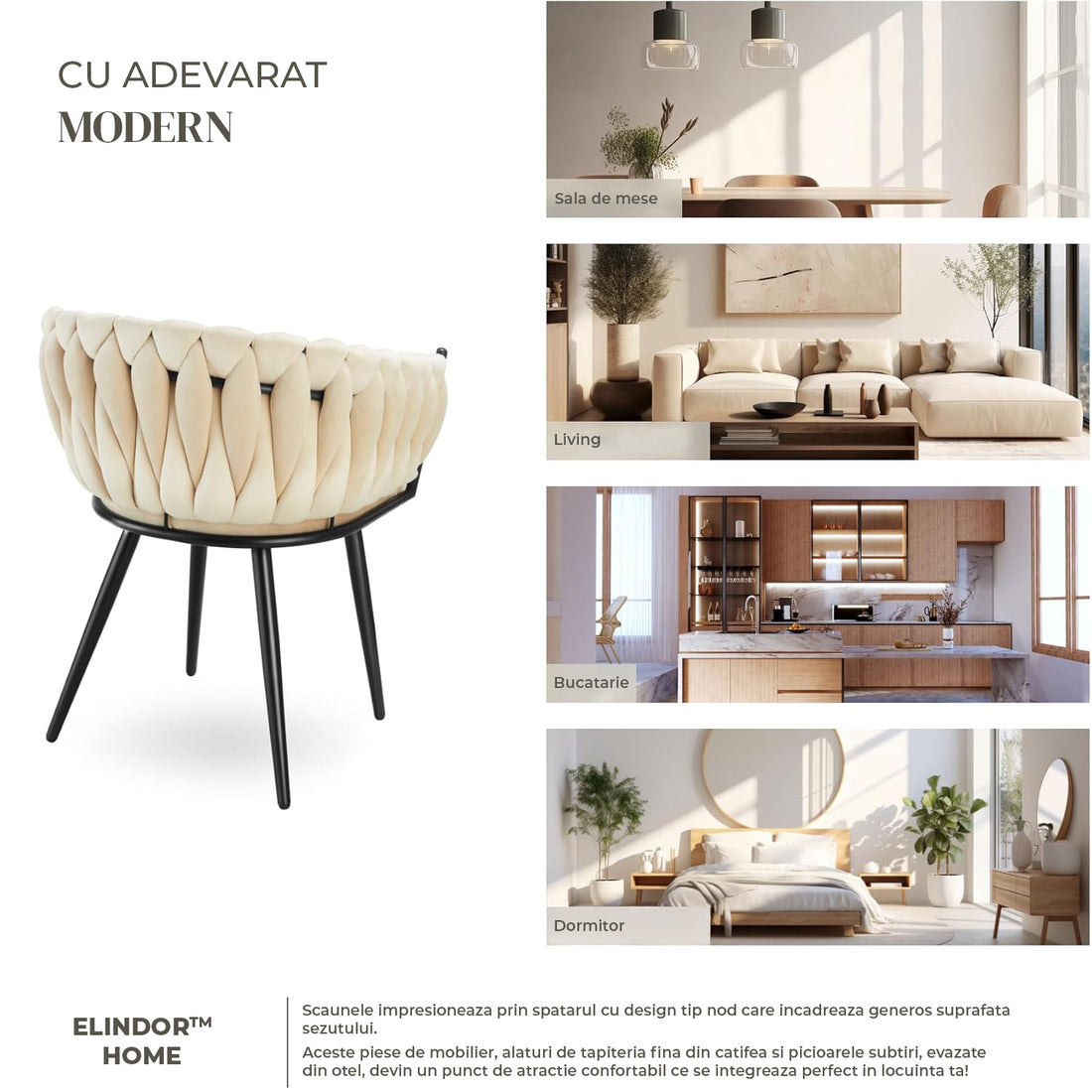 Set 2 Scaune Elindor® Ergonomice, Tip Scoica, Design Contemporan, Scaun cu Spatar si cu Manere, din Catifea cu Picioare Metalice Aurii, Potrivite pentru Living, Bucatarie, Birou, Dormitor, Latime Sezut 44 cm, 71 x 50 x 45 cm, Bej