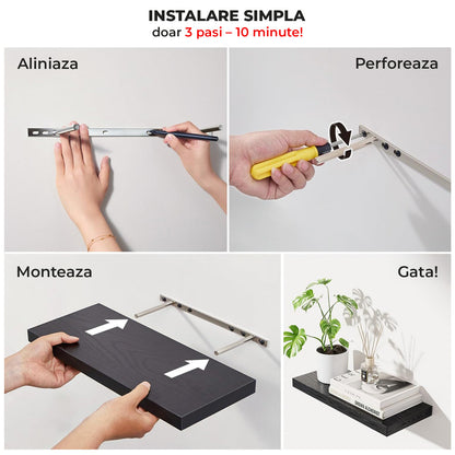 Set 3 Rafturi Elindor® Negre, Raft Suspendat de Depozitare, Mobila Bucatarie, Dormitor, Baie sau Birou, Etajera Practica cu Design Aerisit, Usor de Asamblat, Perfecta pentru Organizare Carti, Vesela, Condimente, Polita Produse Diverse, 40 x 17 x 1.5 cm