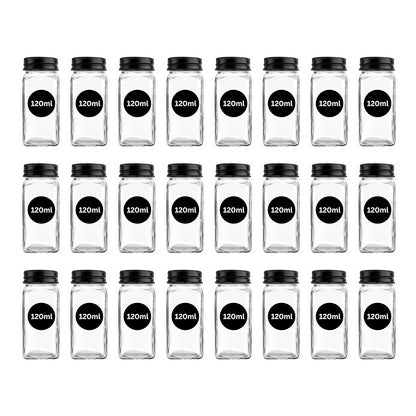 Set 24 Recipiente Condimente Elindor® din Sticla cu Capac Metalic Negru, cu Sita, Organizator Bucatarie, Organizatoare Sertar, Borcane 120 ml, 2 Tipuri de Etichete, Palnie Metalica, Transparent