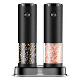 Set 2 Rasnite Electrice Elindor® Rasnita Electrica Led pentru Sare si Piper, Solnita si Pipernita din Sticla, Recipient Condimente cu Senzor Gravitational, Reglare Grosime Macinare x5, Operare cu o Mana, pentru Bucatarie, 16x7.5 cm, Transparent / Negru