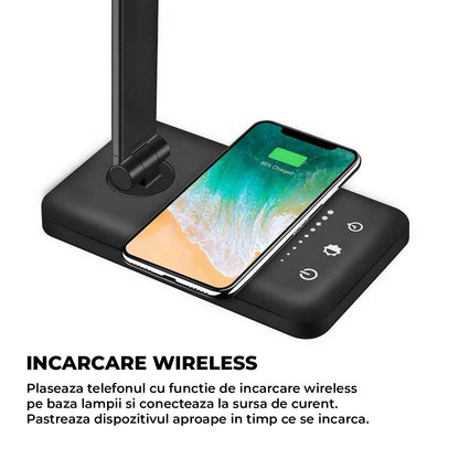 Lampa de Birou Elindor® Neagra cu LED, Pliabila, Incarcare USB si Incare Wireless Telefon, 5 Moduri Lumina Camera Rece/Cald si 5 Intensitati, Veioza Control prin Atingere, Potrivita si pentru Noptiera in Dormitor, Oprire Automata, 39 x 3 x 10,8 cm