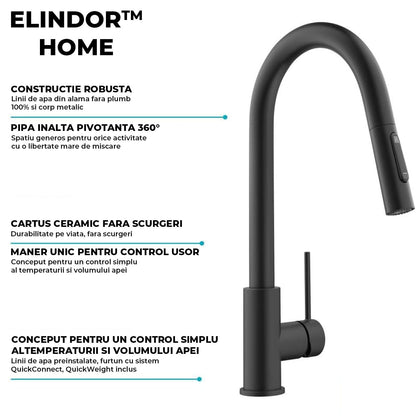 Baterie Bucatarie cu Dus Extractibil Elindor®, Jet Ajustabil, Design Modern, Negru