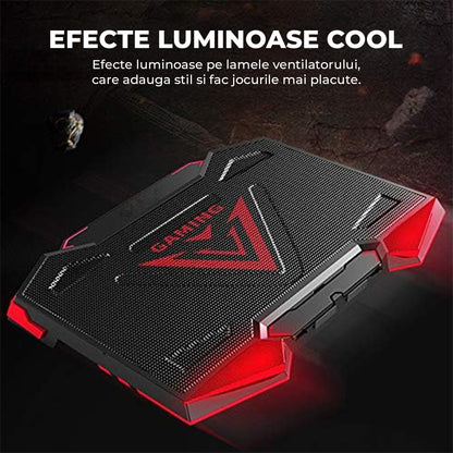 Cooler Laptop Gaming RGB Elindor® Suport cu Unghi Reglabil pe 5 Nivele, Viteza Ajustabila, Dimensiuni Compatabile 15.6-17 Inch, 5 Ventilatoare Puternice si Silentioase 20dB, 2 Porturi USB, pentru Birou, Calatorii, 45.5 x 32 x 3.2 cm, Negru