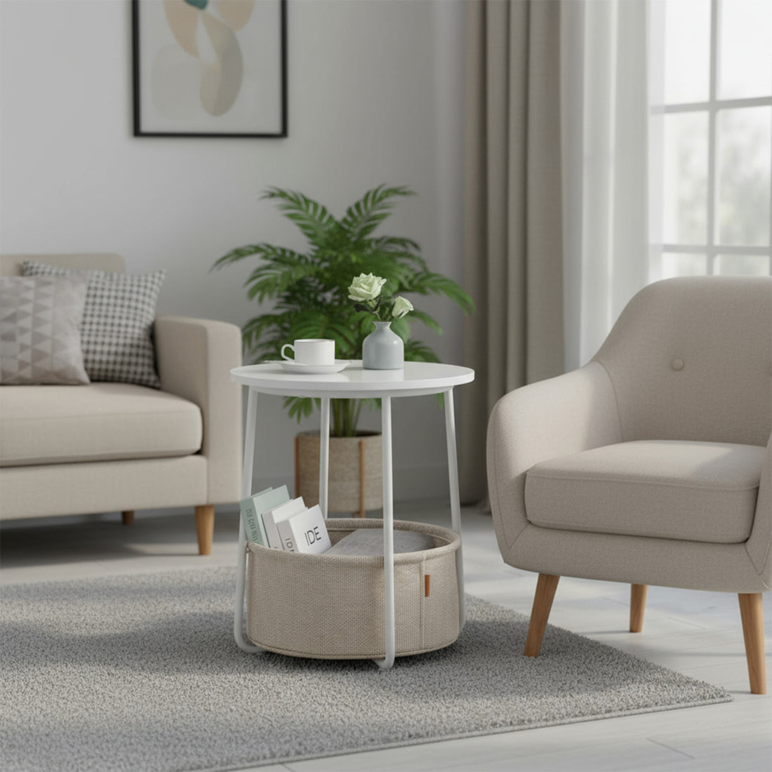 Masa de Cafea Laterala Elindor® Rotunda, Design Industrial, Ideala pentru Living, Birou, Dormitor, Mobila Multifunctionala, Moderna, Greutate Maxima Suportata 35 kg, Cos Depozitare, 50 x 45 x 45 cm, Alb